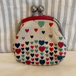 FOSSIL Leather Ball Clasp Coin Purse Small (cream blue pink heart)